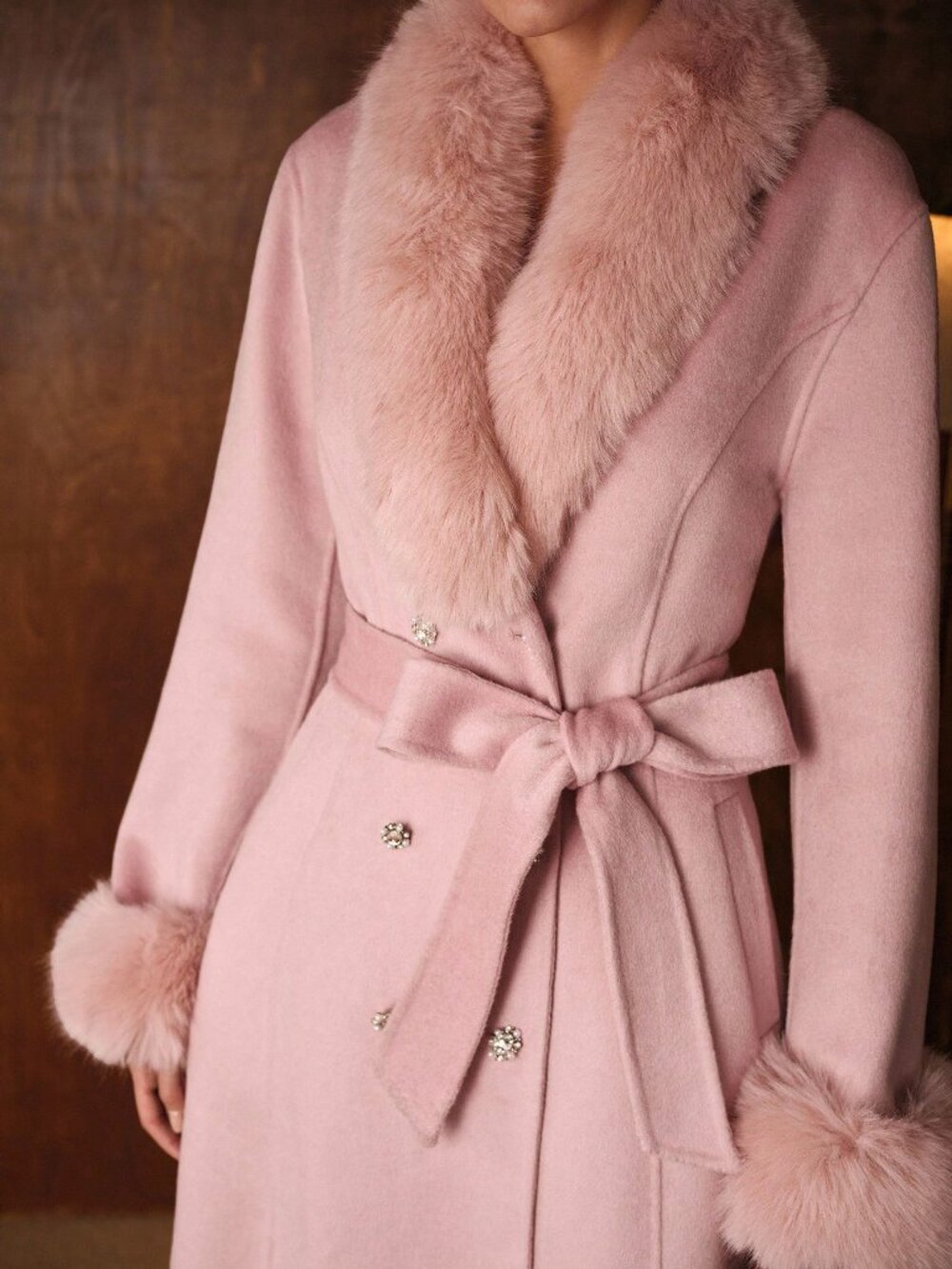 Baby Pink Elegant Women's Collar Cinched Waist Fitted Mid-Length Belted Overcoat - Picture 8 of 8
